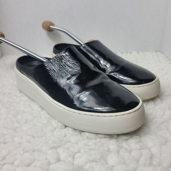 Free People Black Shiny Patent Leather Wynwood Slip On Slide Platform Mules - Picture 1 of 10